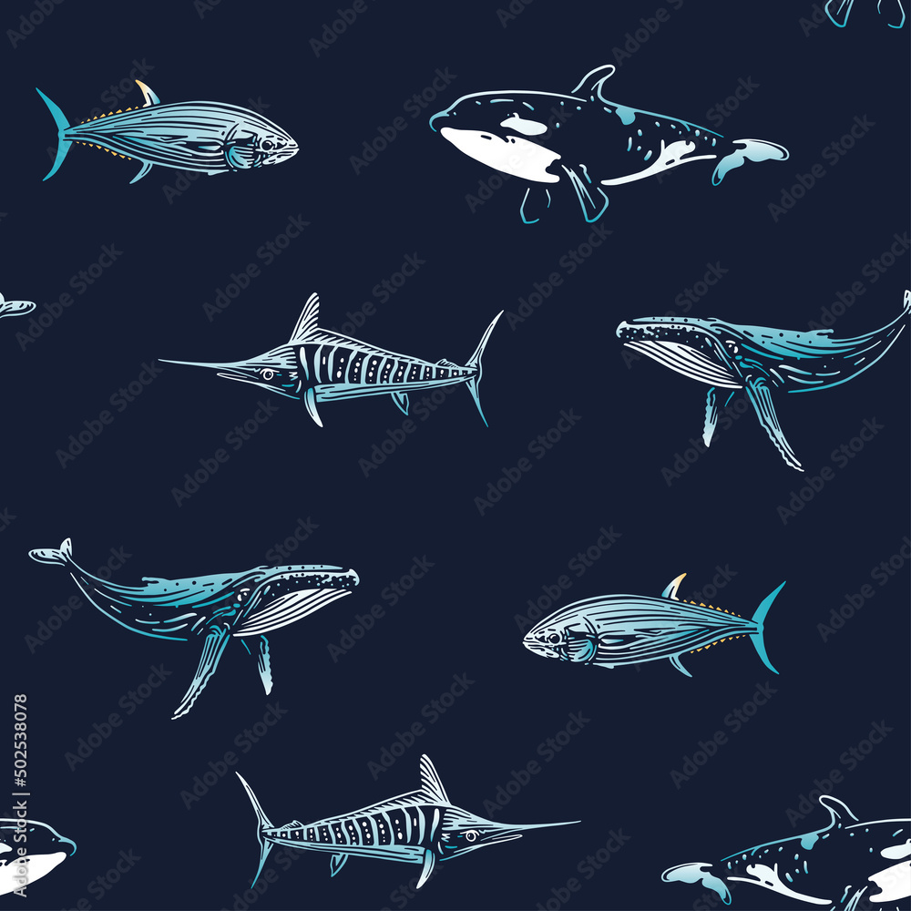 Obraz premium Vector seamless pattern with sea creatures. Pattern, whale, shark, marlin, tuna.