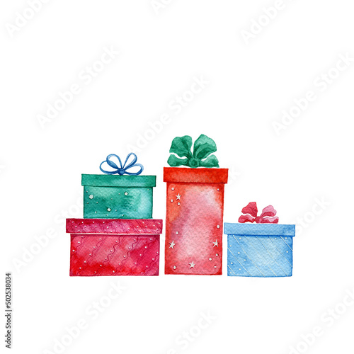 Gift boxes. Set of holiday elements. Watercolor illustration isolated on white.