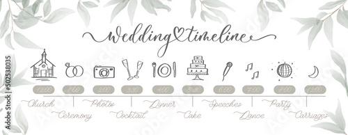 Wedding Timeline menu on wedding day with green watercolor botanical leaves. Abstract floral art background vector design for wedding and vip cover template.