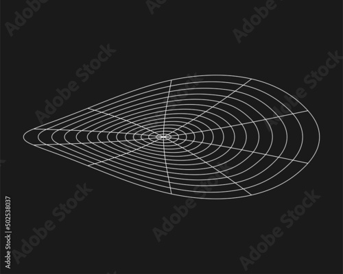 Cyber distorted grid, retro punk design element. Wireframe wave geometry grid on black background. Vector illustration