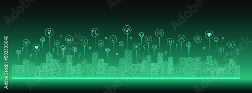 Line of cityscape and communication network illustration concept. Telecommunication. IoT (Internet of Things). ICT (Information communication Technology). 5G. Smart city. Digital transformation.