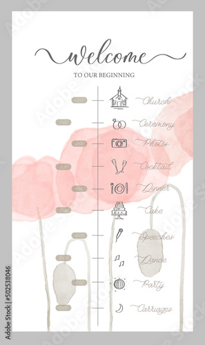 Wedding Timeline menu on wedding day with red watercolor poppy. Abstract floral art background vector design for wedding and vip cover template.