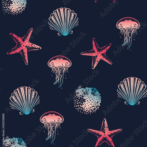 Stampa su tela Vector seamless pattern with sea creatures.