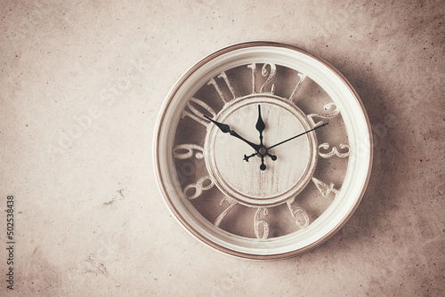 Wallpaper Mural Mechanical wall clock, transparent , beige color , on a light painted wall, rustic style, vintage, no people, Torontodigital.ca