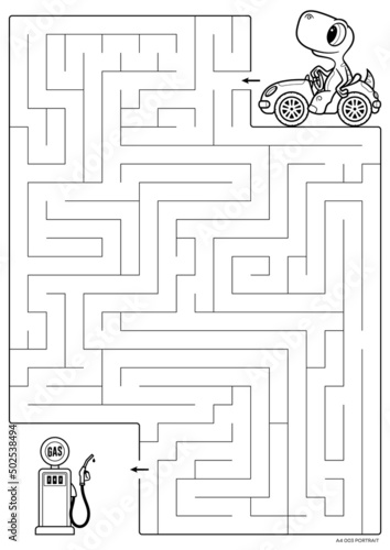 Vector black line printable maze. Format A4. Coloring book educational maze with little dinosaur on car looking for a gas station.