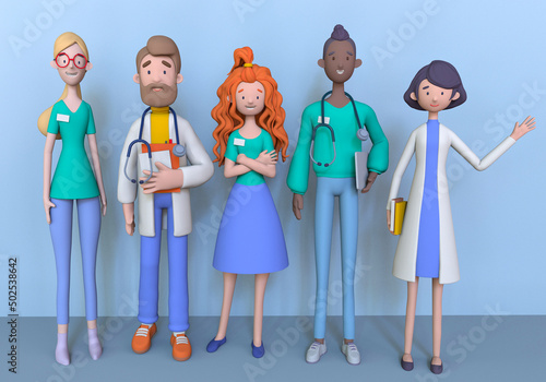 International doctor team, Hospital medical staff. Medical concept isolated on blue background, Bright portraits doctor and nurse 3D render.