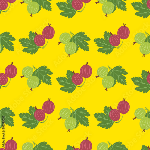 Seamless pattern with gooseberry on yellow background. Vector illustration of branch with berries and green leaves © Nataliia