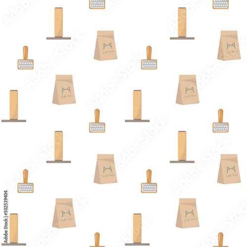 Seamless pattern with cat food, scratching post and comb