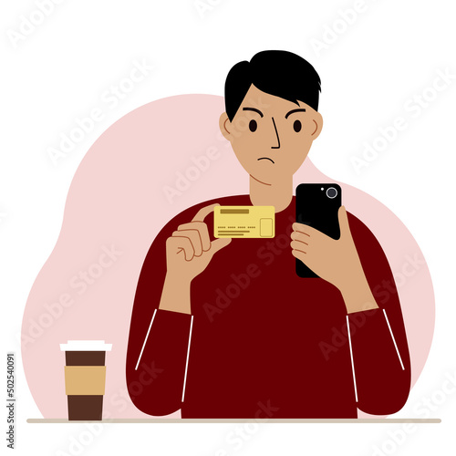 A man with a mobile phone in her hand holds a bank card. Transaction rejection concept. Vector