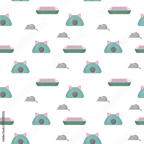 Seamless pattern with cat litter tray and cat houses