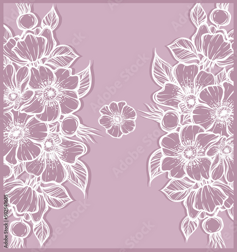 Vector illustration. Rosehip flowers  card for you  line art style  Handmade  background purple