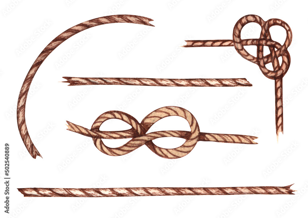 Watercolor rope, sea knot, horizontal cable. Marine Clipart.