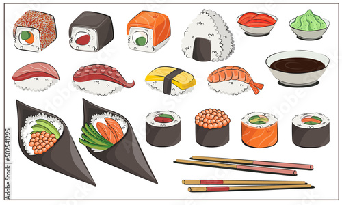 Japanese cuisine, set food. for restaurant menus and posters.   delivery sites vector flat illustration isolated on white background. sushi rolls onigiri soy sauce set. stock picture.