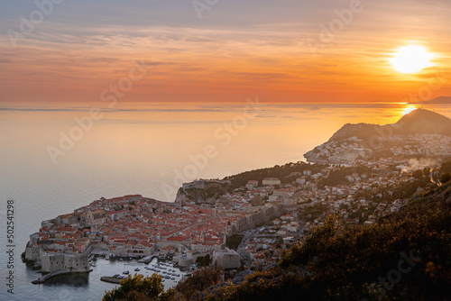 Sunset over Dubrovnik old town with spectacular sky