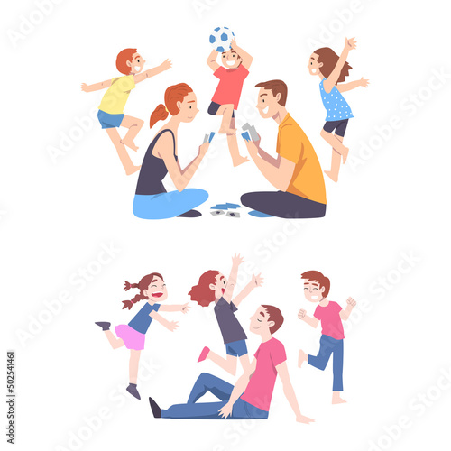 Calm Parents and Mischievous Children Running Around Them Vector Set
