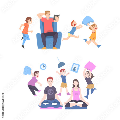 Calm Parents and Mischievous Children Running Around Them Vector Set