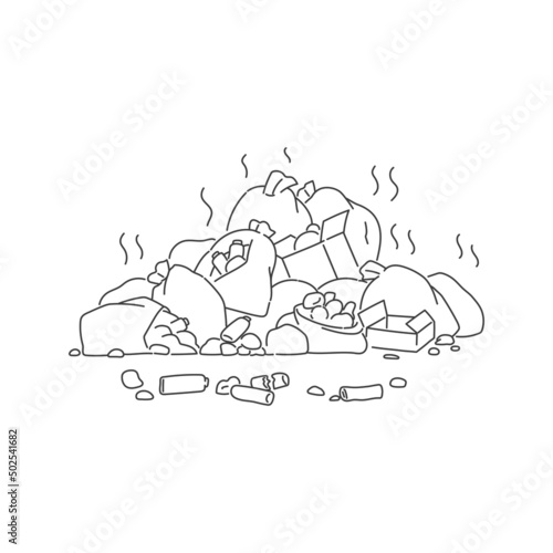 smelly pile of garbage in bags. Vector black white contour line doodle illustration problem ecology and environmental pollution.