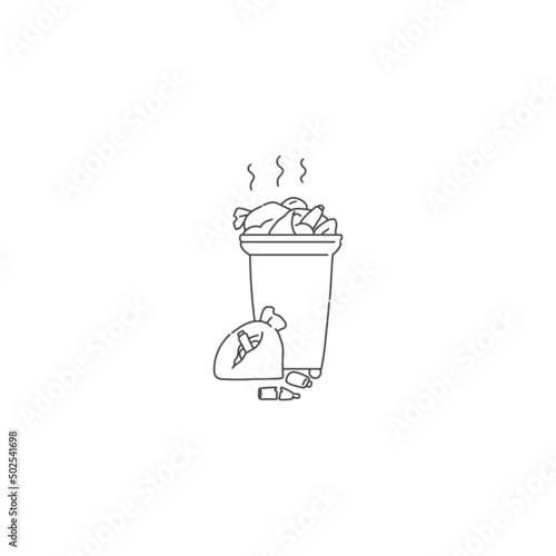 dumpster with garbage and waste. Vector black white contour line doodle illustration problem ecology and environmental pollution.