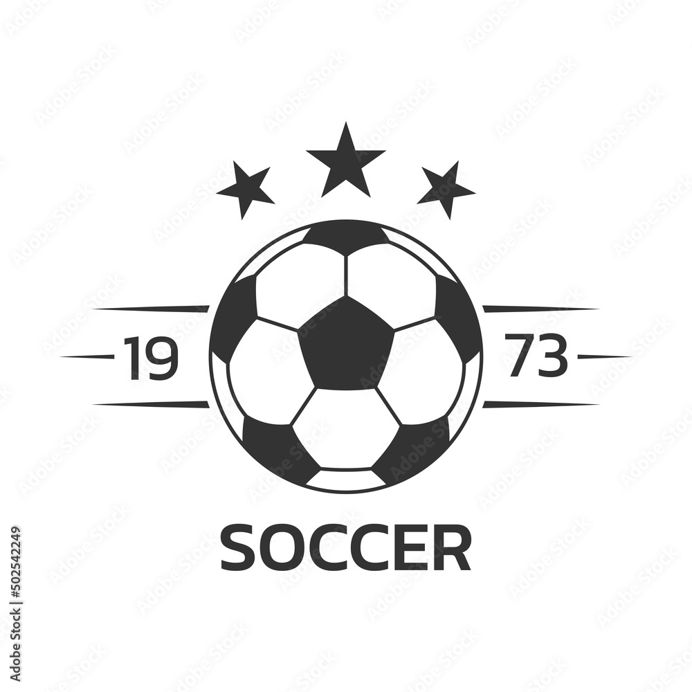Soccer logo. Football club or team emblem, badge, icon design with a ball. Sport tournament, league, championship label. Vector illustration.