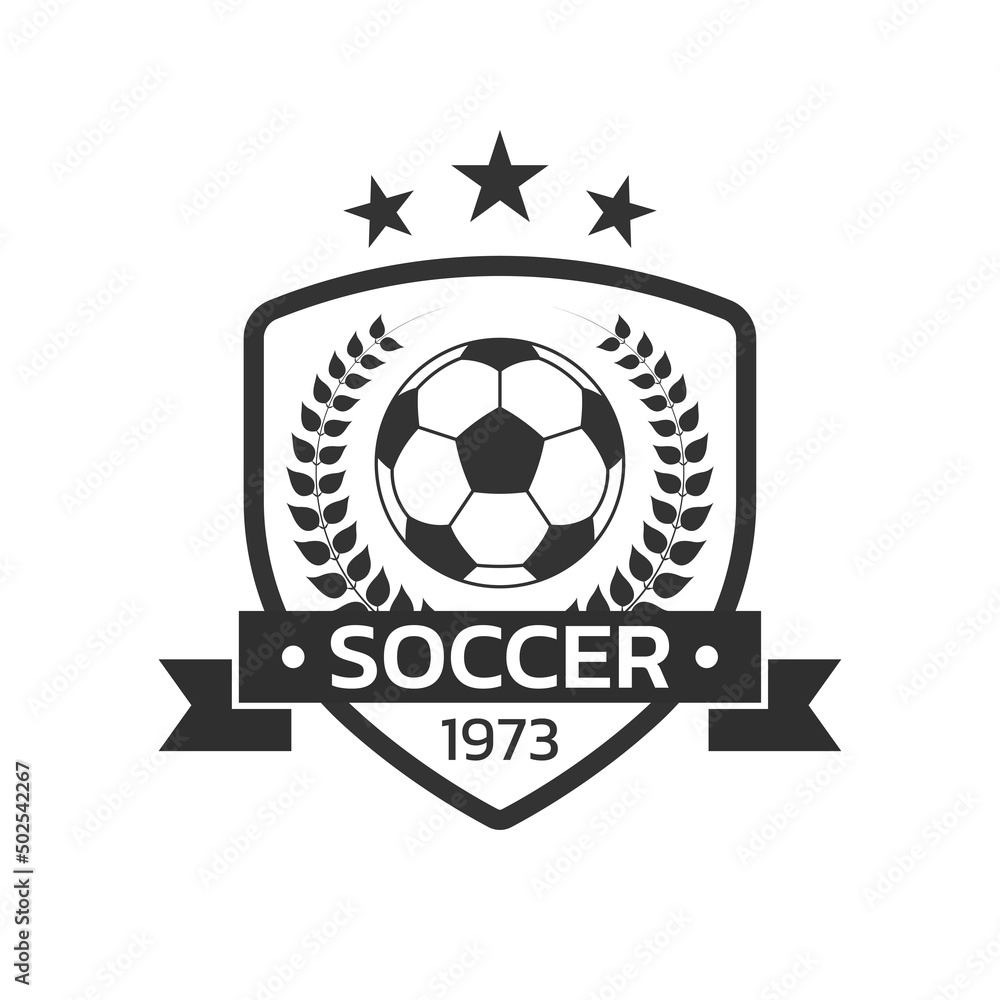Soccer logo. Football club or team emblem, badge, icon design with a ball and laurel wreath and shield. Sport tournament, league, championship label. Vector illustration. Soccer logo. Football club or team emblem, badge, icon design with a ball and laurel wreath and shield. Sport tournament, league, championship label. Vector illustration.