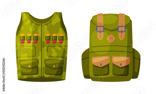 Green Sleeveless Vest and Packed Backpack as Hunting Accessory Vector Set