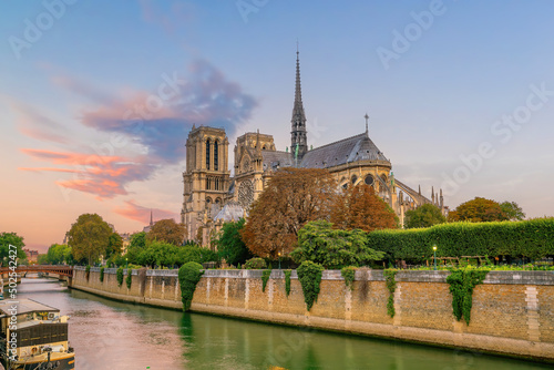 Paris city skyline with Notre Dame de Paris cathedra, cityscape of France