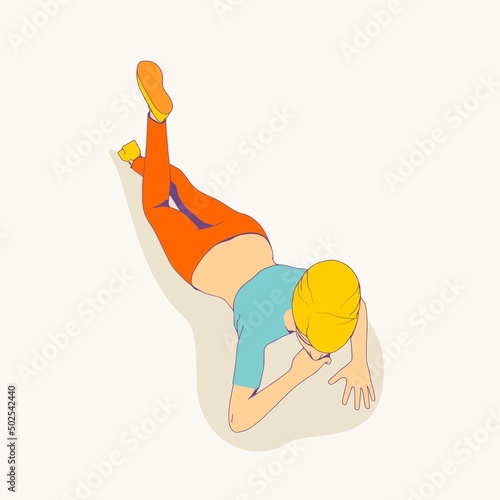 Lying woman. Sport girl illustration. Casual sportwear - t-shirt, breeches and sneakers. Young woman wearing workout clothes. Sport fashion girl outline in urban casual style.