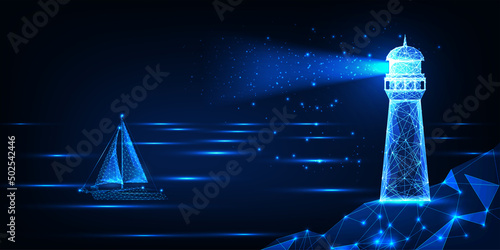 Abstract landscape with lighthouse and sailboat at the sea at night in futuristic glowing style
