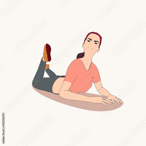 Lying woman. Sport girl illustration. Casual sportwear - t-shirt, breeches and sneakers. Young woman wearing workout clothes. Sport fashion girl outline in urban casual style.