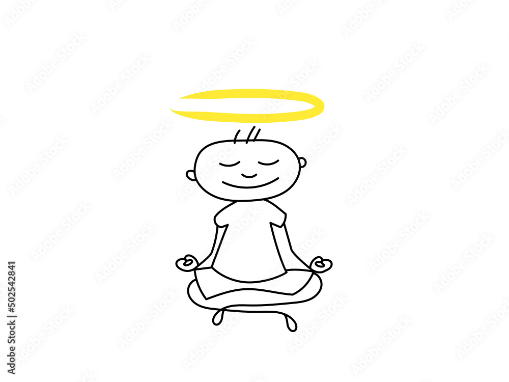 A man meditates while sitting in the lotus position. Hand-drawn, doodle character with a halo over his head. The boy is doing yoga. A man meditates while sitting in the lotus position. Hand-drawn, doodle character with a halo over his head. The boy is doing yoga.