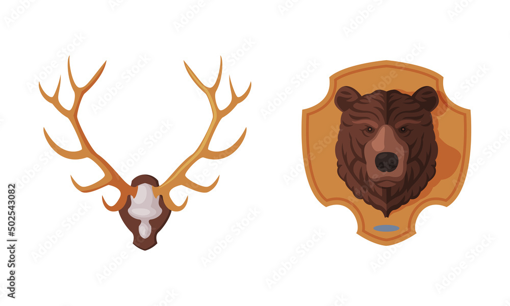 Bear Head and Deer Antler Hanging on Wall as Hunting Trophy Vector Set.