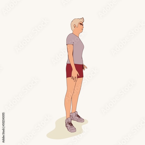 Standing man. Sport boy illustration. Casual sportwear - t-shirt, breeches and sneakers. Young man wearing workout clothes. Sport fashion boy outline in urban casual style.