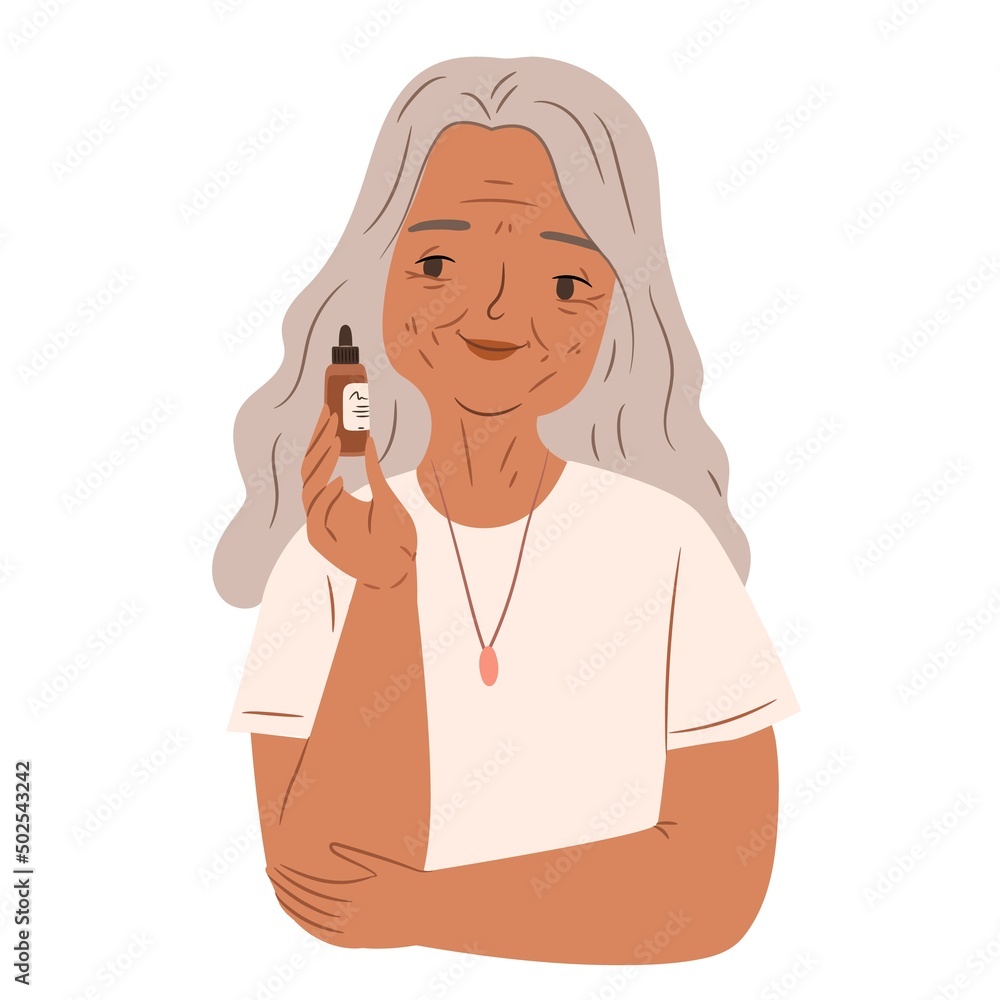 Senior woman skincare concept. Elderly woman isolated on white background. Flat vector illustration. Senior woman skincare concept. Elderly woman isolated on white background. Flat vector illustration.