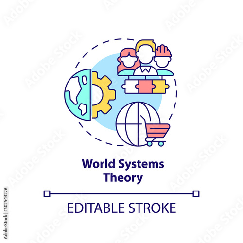 World systems theory concept icon. Worldwide interdependent economics abstract idea thin line illustration. Isolated outline drawing. Editable stroke. Arial, Myriad Pro-Bold fonts used