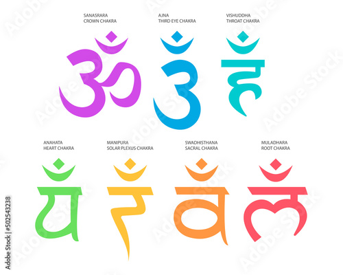 Set of seven chakra symbols. Yoga, meditation, silhouette isolated.
