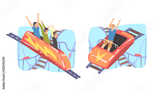 People Character Riding Roller Coaster Laughing Having Fun in Amusement Park Vector Set