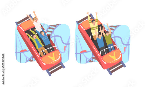 People Character Riding Roller Coaster Laughing Having Fun in Amusement Park Vector Set