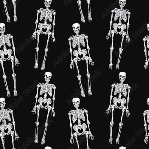 Creepy skeleton seamless pattern with a black background. Watercolor painted spooky Halloween-themed design. Print in vintage goth style. photo