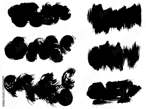 Black paint brush strokes, dirty inked grunge art brushes. Dirty ink texture splatters. Grunge rectangle text boxes

