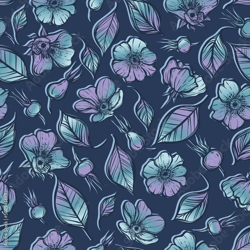 Vector illustration. Rosehip flowers  Handmade  card for you  line art style  dark background  seamless pattern