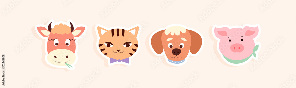 Cute faces animal stickers set. Muzzles of a cat, dog, cow and pig. Vector illustration in flat style