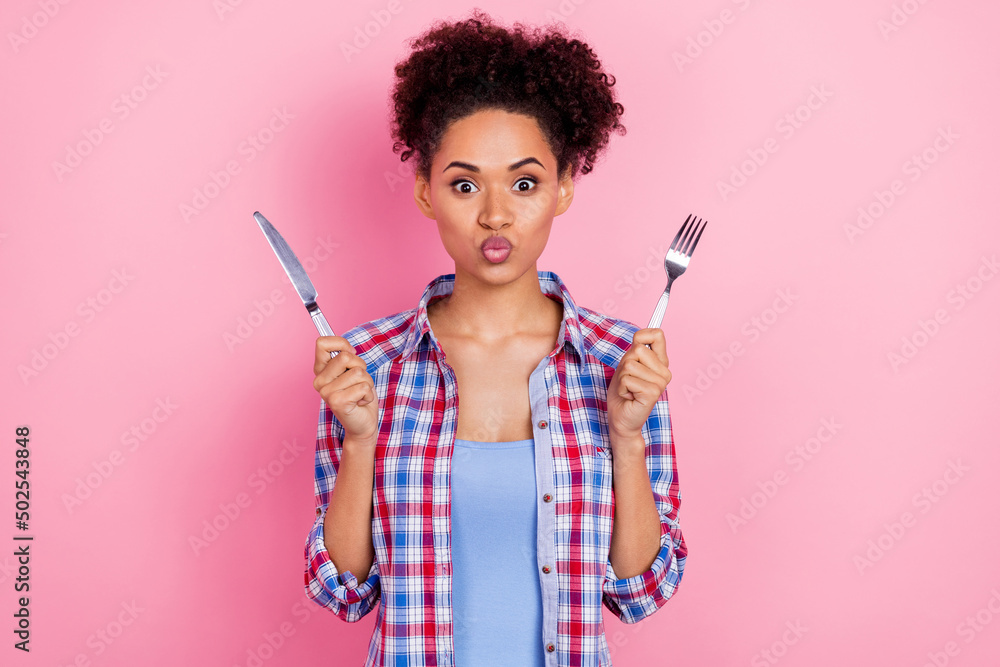 Photo of nice brunette lady want food wear red shirt isolated on pink color background Photo of nice brunette lady want food wear red shirt isolated on pink color background