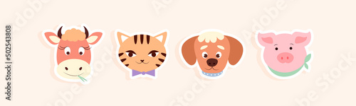 Cute faces animal stickers set. Muzzles of a cat, dog, cow and pig. Vector illustration in flat style