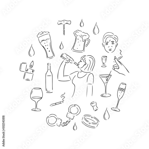 Female alcoholism set. Collection of vector elements in sketch style. A woman drinks from a bottle, glasses for wine, vodka, champagne, a bottle, handcuffs, a cigarette with an ashtray