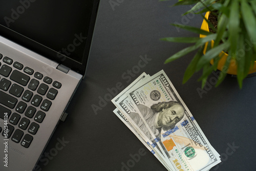 Money, a laptop and a green plant. Dark background.