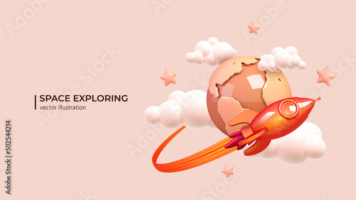 Rocket takes off in the starry sky - Space exploring concept. Realistic 3d design of Rocket launching on the space mission or tourism in cartoon minimal style. Vector illustration