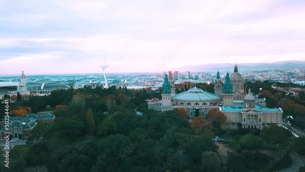 Aerial National Museum of Art Hill Montjuic In Barcelona, Spain At Sunset Aerial National Museum of Art Hill Montjuic In Barcelona, Spain At Sunset