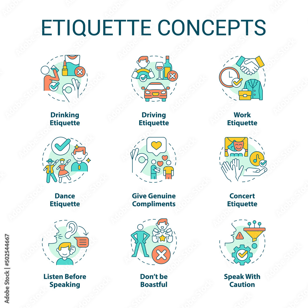 Etiquette concept icons set. Set of rules and norms. Ethical behavior. Politeness idea thin line color illustrations. Isolated symbols. Editable stroke. Roboto-Medium, Myriad Pro-Bold fonts used