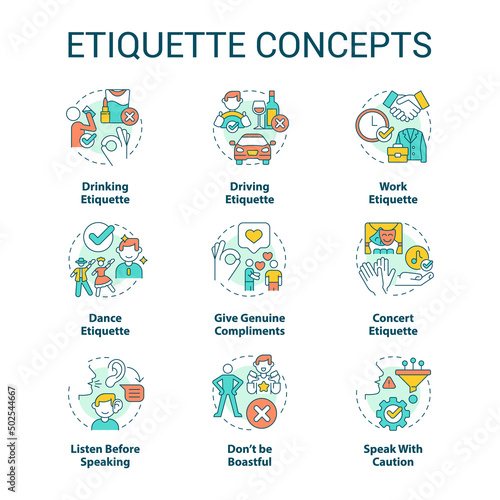 Etiquette concept icons set. Set of rules and norms. Ethical behavior. Politeness idea thin line color illustrations. Isolated symbols. Editable stroke. Roboto-Medium, Myriad Pro-Bold fonts used