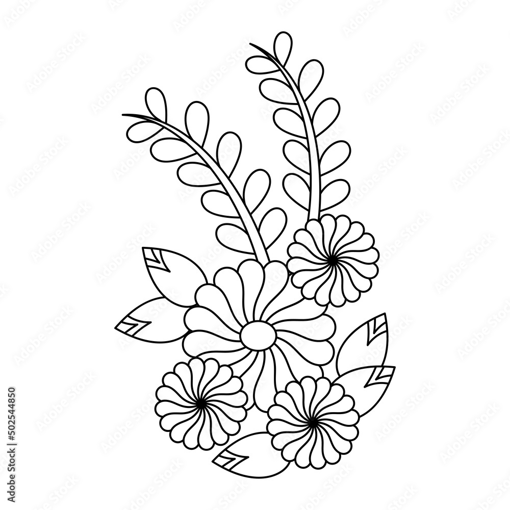 Coloring page for children. Stylized Flower with leaves. Vector illustration
